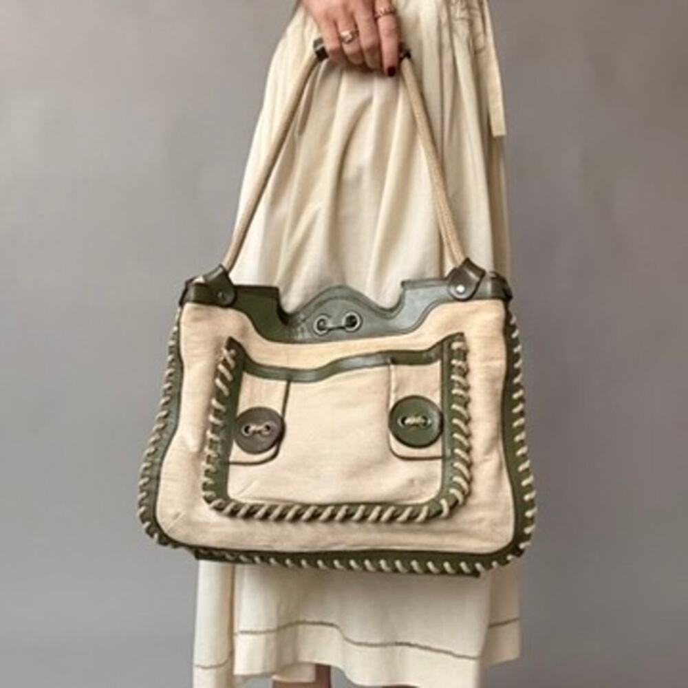 Jamin Puech Paris Canvas & Olive Green Leather Tote